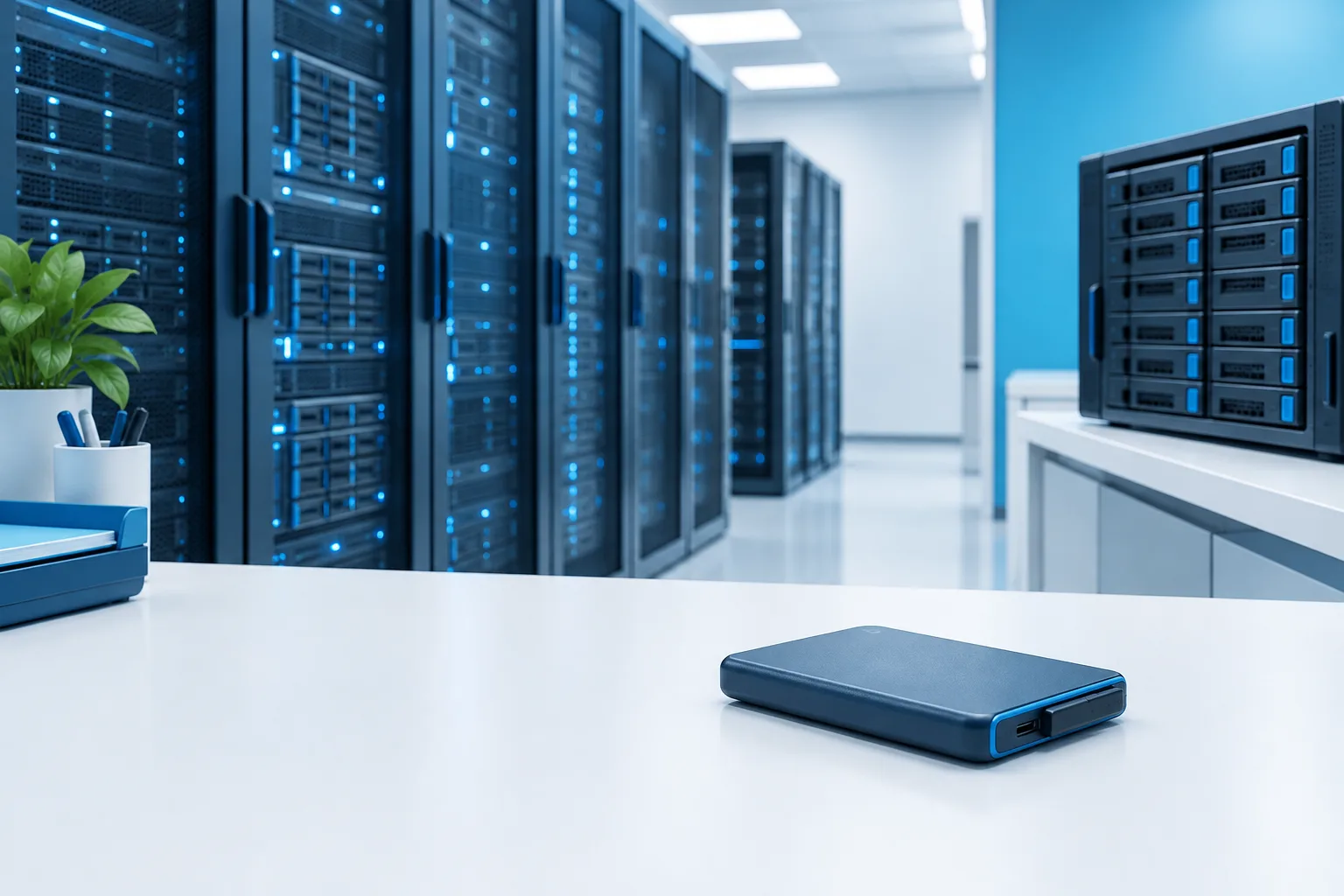 Unbranded storage equipment in a clean, orderly server room.