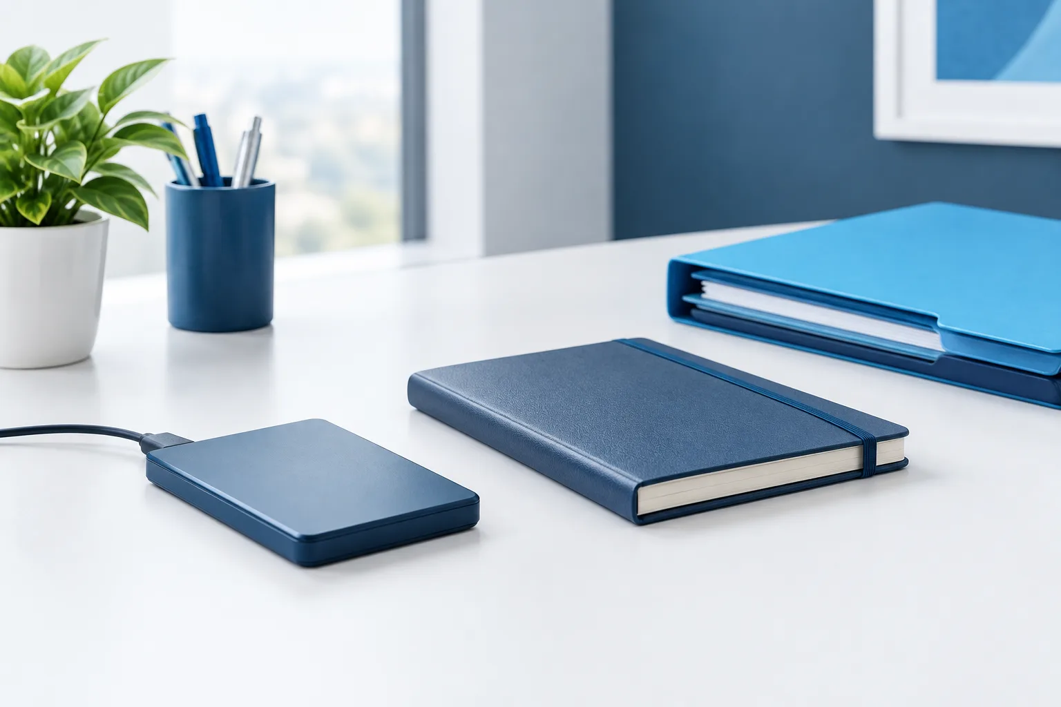 An external storage drive beside a closed notebook and folder on an office desk.